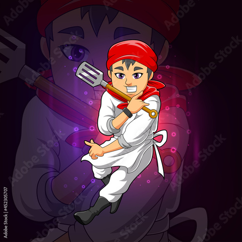 The master of chef is holding a spatula esport logo design