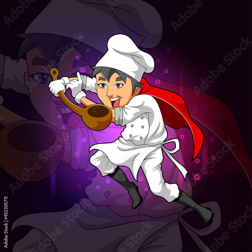 The cool chef is holding the wooden ladle for esport logo design