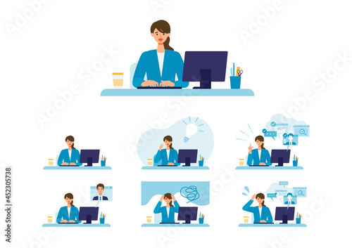 Telecommuting concept. Vector illustration of people having communication via telecommuting system. Concept for video conference, workers at home or office.