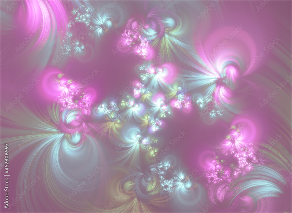 Abstract fractal art background which suggests a floral pattern, in pretty pastel pink, silver and green colors. Abstract fractal art background which suggests a floral pattern, in pretty pastel pink, silver and green colors.