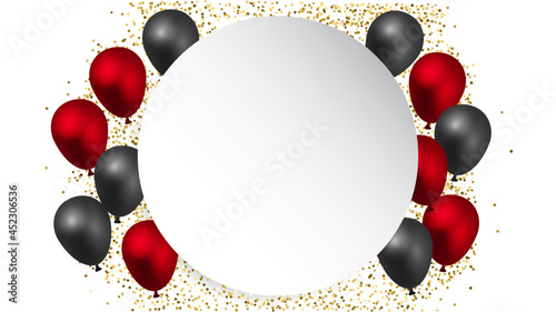Metallic black and red balloons with circle blank frame on white background with gold confetti. For birthday, party or other promotion social media banners.