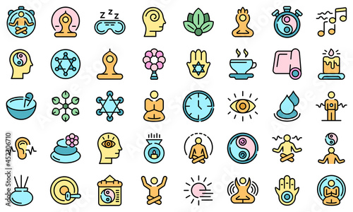 Spiritual practices icons set. Outline set of spiritual practices vector icons thin line color flat on white