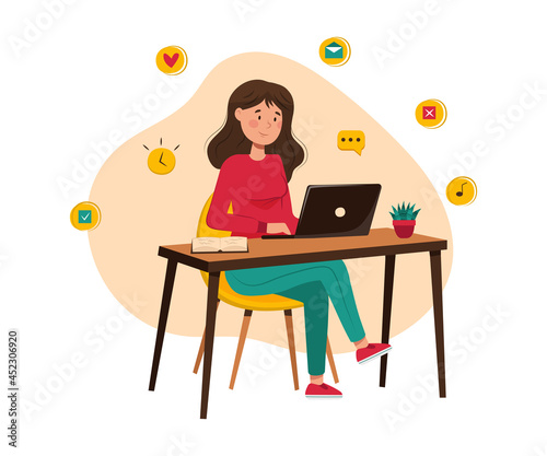 Happy girl working or studying at the laptop. Back to school. Teamwork meeting working concept. Vector illustration