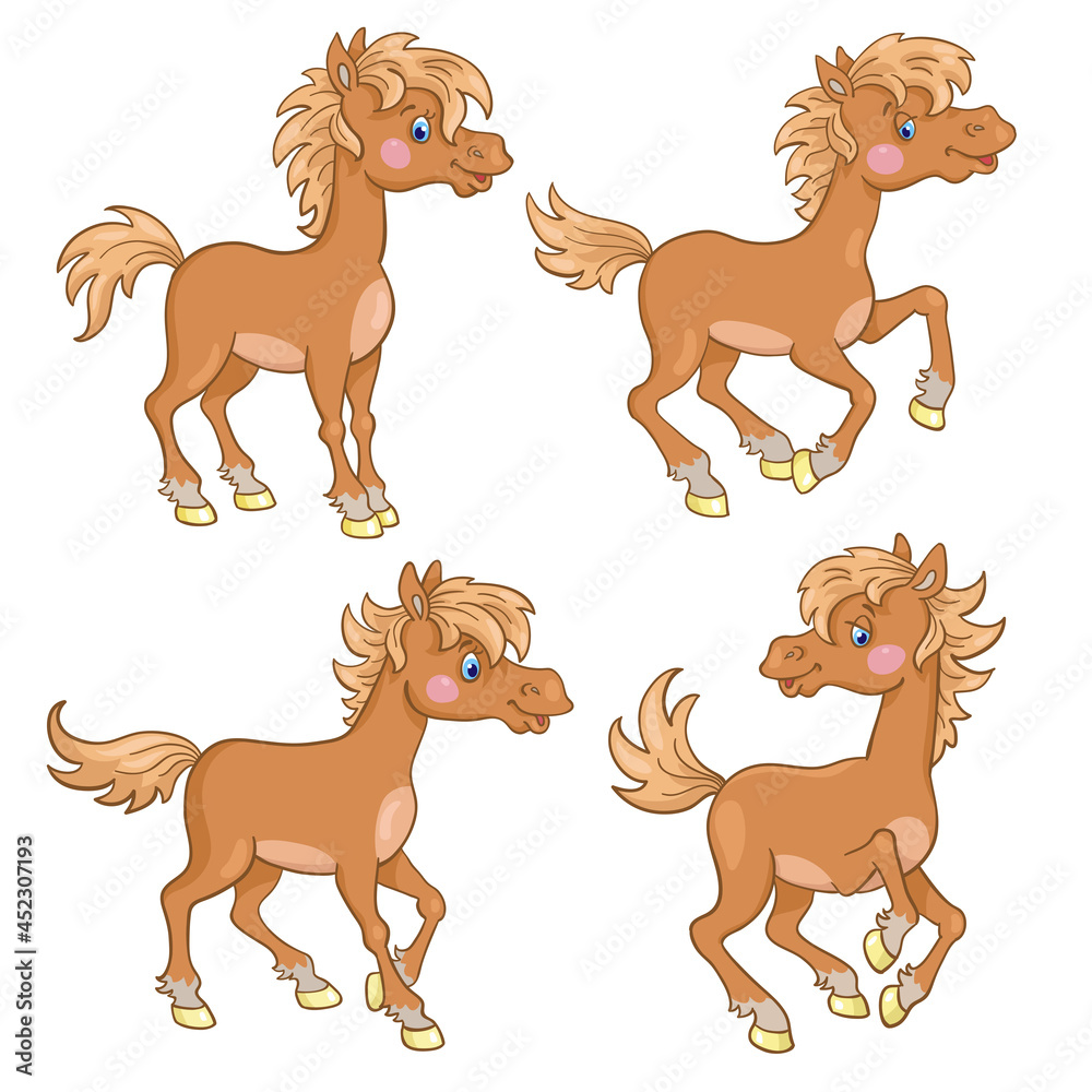 Set of four little funny horses in different poses.  In cartoon style. Isolated on white background. Vector illustration.