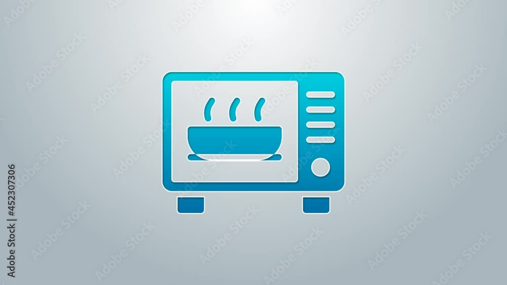 Blue line Microwave oven icon isolated on grey background. Home appliances icon. 4K Video motion graphic animation Blue line Microwave oven icon isolated on grey background. Home appliances icon. 4K Video motion graphic animation