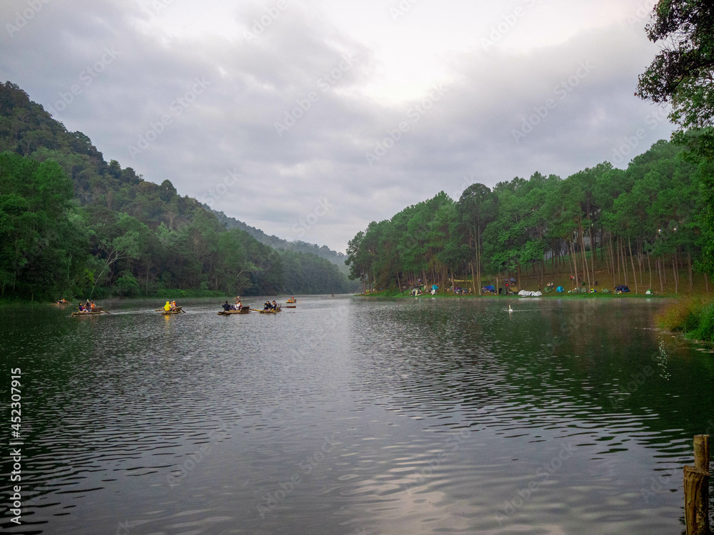 Fototapeta premium The raft in the beautiful reservoir in the higher mountain, Pang Oung, Mae hong son, Thailand.