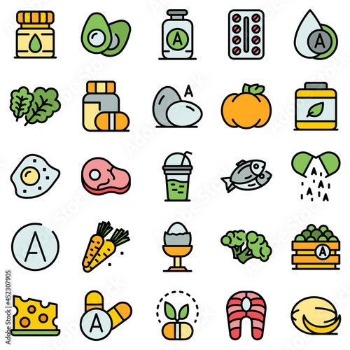 Vitamin a icons set. Outline set of vitamin a vector icons thin line color flat on white