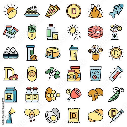 Vitamin D icons set. Outline set of vitamin D vector icons thin line color flat on white