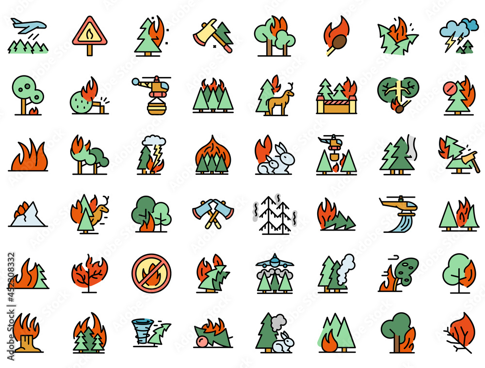 Burning forest icons set. Outline set of burning forest vector icons thin line color flat on white