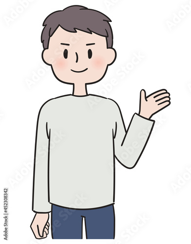 片手をあげて案内する私服姿の男性