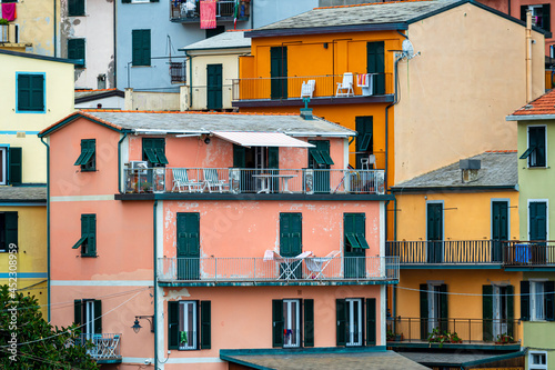 scenic view of colorful village Manarola and ocean coast in Cinque Terre  Italy