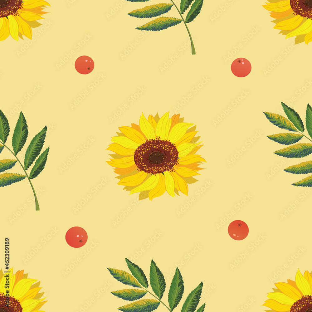 vector graphic seamless pattern with sunflower and rowan 1