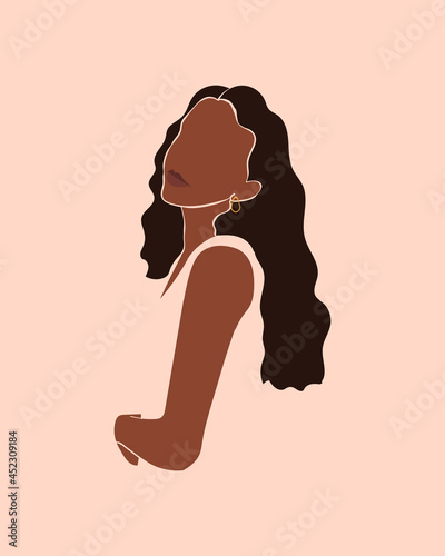 Vector abstract black woman portraits. International Women's Day. Minimalistic style with beautiful, confident black women. Afro american black skin girl. Fashion illustration.