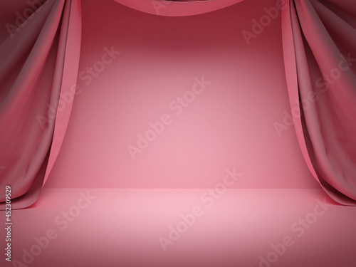 The scene is in pink tones. 3D rendering. Background, pedestal. Spreading on the floor pink curtains near the pink wall.