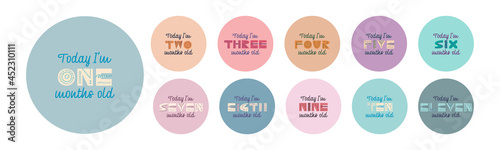 Set of vector lettering stickers today I'm 1, 2, 3, 4, 5, 6, 7, 8, 9, 10, 11, 12 months old. Happy birthday greeting card for baby under one year old. Colored handwritten illustrations. photo