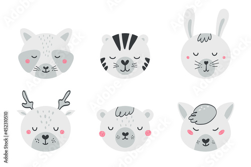 Set of cute animal faces in flat style. Collection of characters raccoon, tiger, hare, bear, deer, fox. Black and white illustration isolated on white background. Vector
