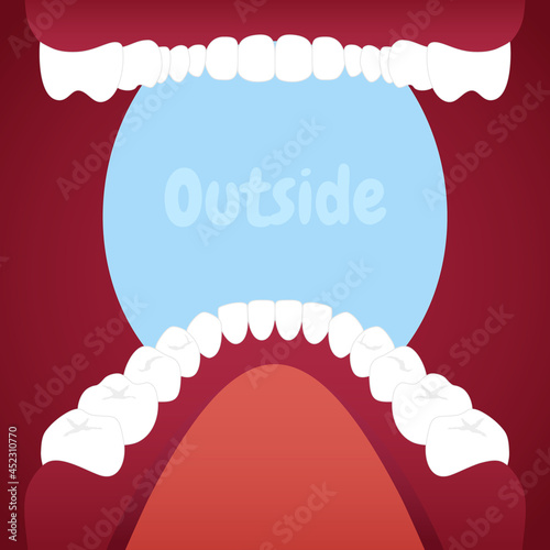 Human mouth open white teeth view inside