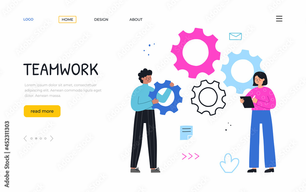 Teamwork concept. Business people launch a mechanism, connect gears. Hand drawn vector illustration flat style. Landing page template. Teamwork concept. Business people launch a mechanism, connect gears. Hand drawn vector illustration flat style. Landing page template.
