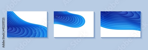 Set of flyers with blue waves in paper cut style. Collection of three papercut art empty banners for environment or World Water day. Vector advertising poster template for Save the Oceans day 8 june.