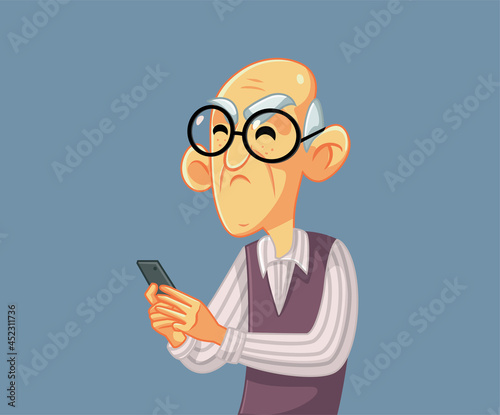 Upset Senior Man Holding a Smartphone Vector Cartoon