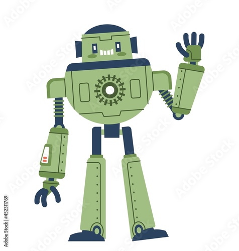 Cute robot waving his hand. Flat cartoon vector illustration on isolated white background