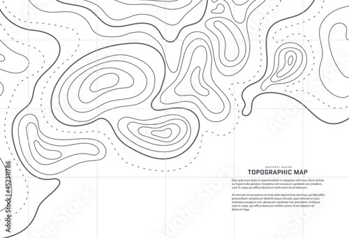 Topographic map abstract background. Outline cartography landscape. Topographic relief map on white backdrop. Modern cover design with wavy lines. Vector illustration with weather map outline pattern. photo