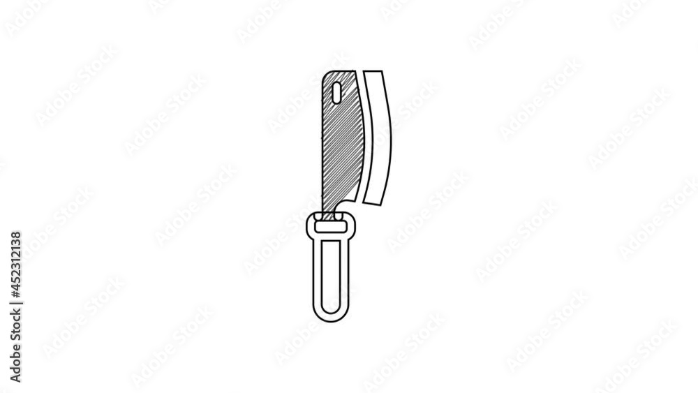 Black line Meat chopper icon isolated on white background. Kitchen knife for meat. Butcher knife. 4K Video motion graphic animation Black line Meat chopper icon isolated on white background. Kitchen knife for meat. Butcher knife. 4K Video motion graphic animation