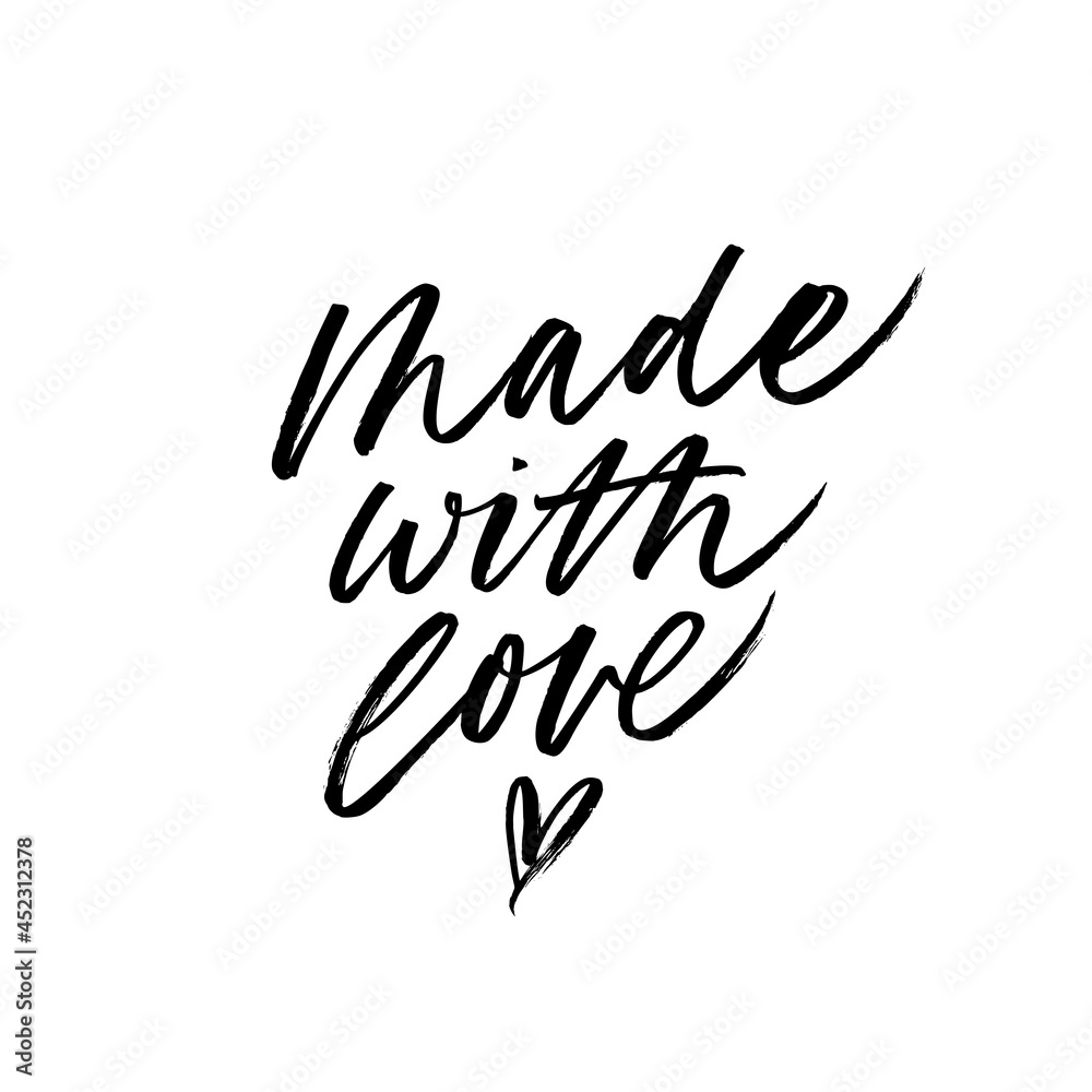 Made with love lettering with heart symbol. Ink vector inscription isolated on white background. Hand drawn modern black calligraphy. Lettering for your handcrafted goods, product, shop, tags, labels Made with love lettering with heart symbol. Ink vector inscription isolated on white background. Hand drawn modern black calligraphy. Lettering for your handcrafted goods, product, shop, tags, labels