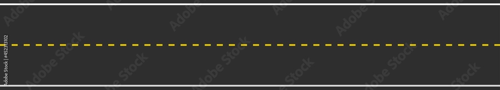 Seamless road marking with single yellow dotted line and white solid lines. Horizontal straight asphalt road. Top view. Template design for educational websites, infographic, brochures, booklets.