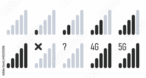 Mobile signal strength indicator set. Signal from low to high  no signal  4g  5g network connection symbols. Monochrome communication level icons. Template for ui or ux design. Vector illustration