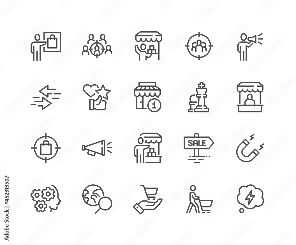 Simple Set of Marketing Strategy Related Vector Line Icons. Contains such Icons as Product Presentation, Seller, Buyer and more. Editable Stroke. 48x48 Pixel Perfect.