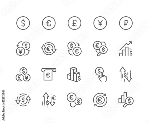Simple Set of Currency Related Vector Line Icons. Contains such Icons as Exchange Rate, Currency Forecast, Change Graph and more. Editable Stroke. 48x48 Pixel Perfect.