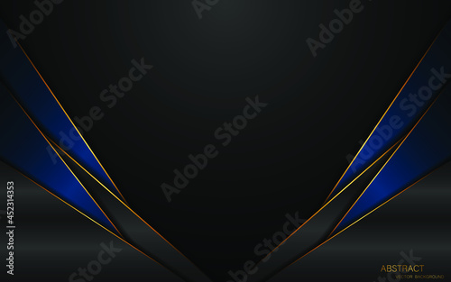 Abstract gray and dark blue polyhedron with gold lines on black background with free space for design.	