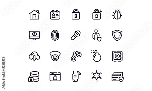 Security line icons set. Cyber lock, unlock, password. Guard, shield, home security system icons. Eye access, electronic check, firewall