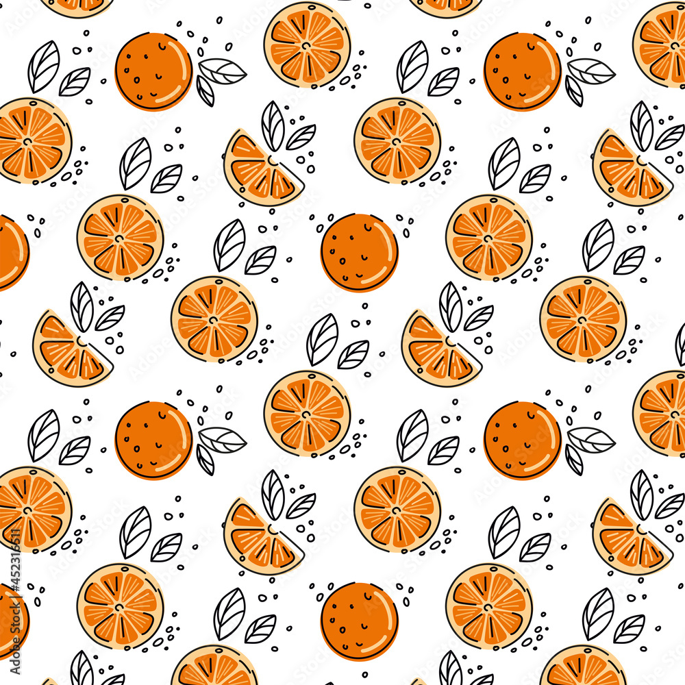 Orange seamless pattern, summer print, citrus plants, vector Orange seamless pattern, summer print, citrus plants, vector