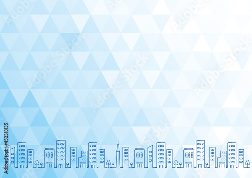 手書き線画のビル街並みとポリゴンの背景　青　ビジネスイメージ