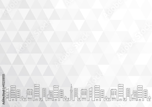 手書き線画のビル街並みとポリゴンの背景　グレー　ビジネスイメージ