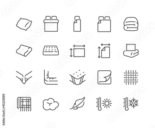 Simple Set of Linens Related Vector Line Icons. Contains such Icons as Blanket, Single and Double Bed, Weather Conditions. Editable Stroke. 48x48 Pixel Perfect.