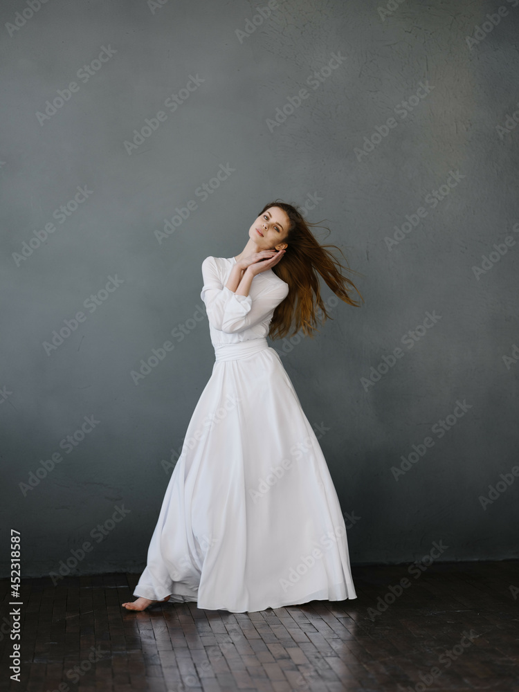 pretty woman in white dress posing full length Studio Model pretty woman in white dress posing full length Studio Model