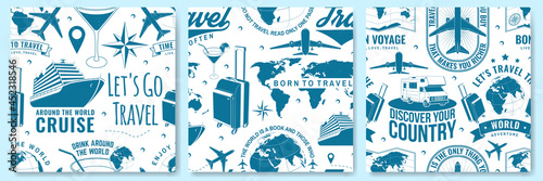 Set of Travel seamless pattern or background with design element. Seamless scene with travel inspiration quotes, globe, airplane, suitcase, cocktail silhouette Vector. Motivation for traveling