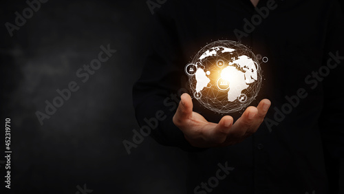 Hologram in the hand of businessman, Global communication and internet technology network, connection concept new technology