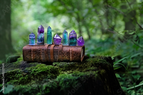 Foto witch book and set quartz minerals on dark natural forest background