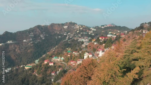 Aerial view of Gun Hills, view of buildings on the top of the hill, Landour, Mussoorie, India. photo