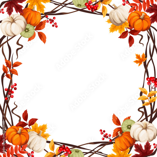 Vector decorative border or frame with pumpkins, orange and brown autumn leaves, rowanberries, and willow branches. Halloween or Thanksgiving greeting card.