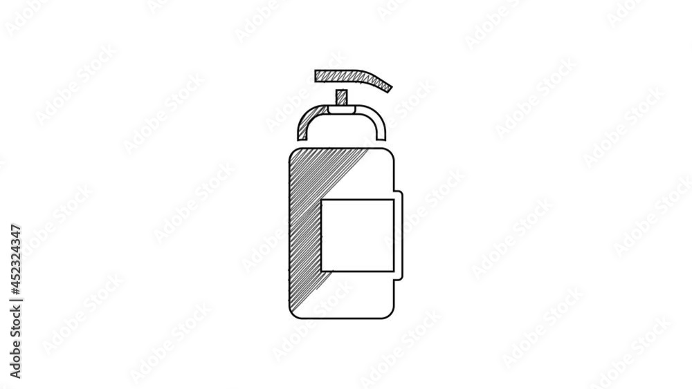 Black line Bottle of liquid antibacterial soap with dispenser icon isolated on white background. Antiseptic. Disinfection, hygiene, skin care. 4K Video motion graphic animation