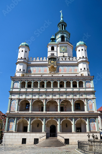 The facade of the historic Renaissance town hall in Poznan
