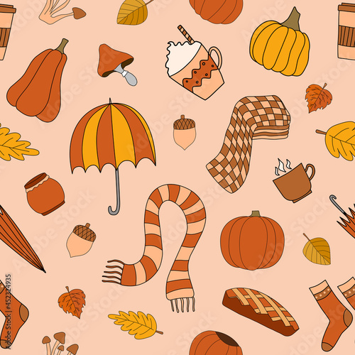 Autumn weather vector seamless pattern on begie background