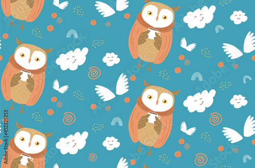 Children's pattern with an owlet. Cute illustrations of owls and clouds. Print for bed linen. Illustrations for printing. Adorable drawing of an owl drinking tea. Wrap yourself in a blanket