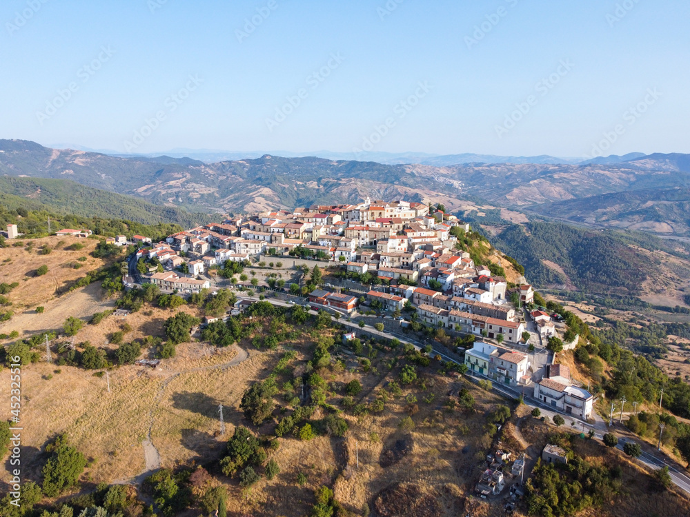 Aerial View of the Town of Castroregio, near Cosenza, in the South of Italy in Summer in a sunny day