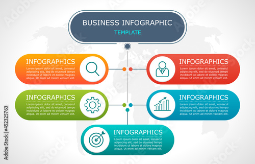 Business infographic Vector with 5 steps.Used for information,data,style,chart,graph,sign,icon, project,strategy,technology,learn,brainstorm,creative,growth,stairs,success, idea,text,web,report,work.